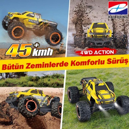 HAIBOXING RC 1/16 Ravage 45+ KM/H Sürat Uzaktan Kumandalı RC Model Araba RTR Elektrikli 4WD Brushless Fırçasız Offroad Truck (Sarı) + 1100 mAh 7.4V 2S 30C Lipo Batarya - Thumbnail