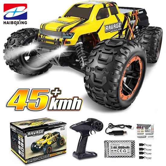 HAIBOXING RC 1/16 Ravage 45+ KM/H Sürat Uzaktan Kumandalı RC Model Araba RTR Elektrikli 4WD Brushless Fırçasız Offroad Truck (Sarı) + 1100 mAh 7.4V 2S 30C Lipo Batarya