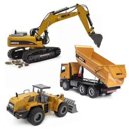 HUINA - HUINA 1/14 Yüksek Kalite RC Model - FULL METAL Wheel Loader Damper + FULL METAL Ekskavatör Paletli Kepçe Kazıcı + FULL METAL Damperli Kamyon - Süper Kombo Set