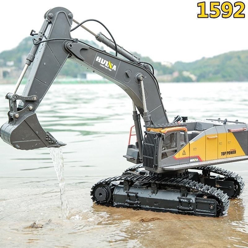 HUINA 1592/1573 22 Kanal 1/14 RC Model Metal Kepçeli Ekskavatör Kazıcı + RC Model Damperli Kamyon Uzaktan Kumandalı Metal İş Makinası Sesli ve Işıklı