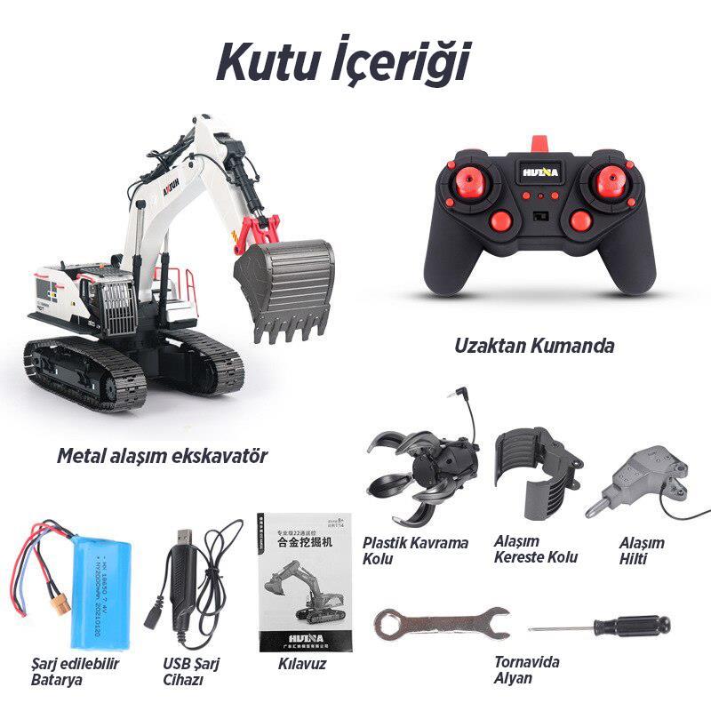 HUINA 1/14 Yüksek Kalite RC Model - Profesyonel Kepçeli Ekskavatör Kazıcı + Tutma Kollu Kepçeli Damperli Kamyon Kombo Set