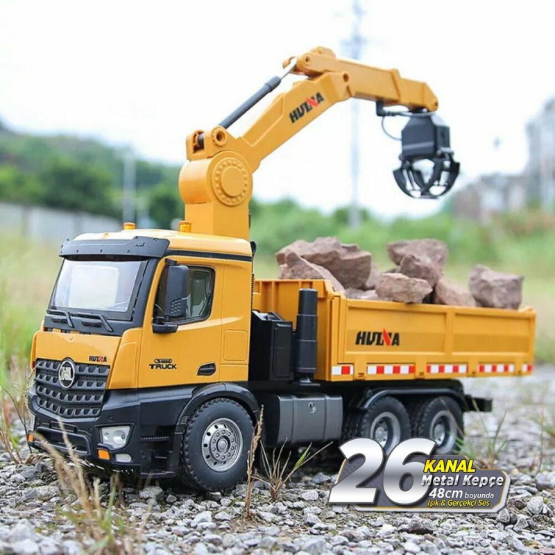 HUINA 1/14 Yüksek Kalite RC Model - Profesyonel Metal Kepçeli Kazıcı Ekskavatör + Tutma Kollu Kepçeli Damperli Kamyon Kombo Set