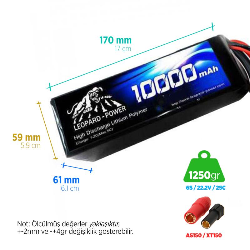 Leopard Power 10000 mAh 22.2V 6S 25C UAV & Multirotor Lityum Polimer Lipo Batarya Pil XT150 Plug