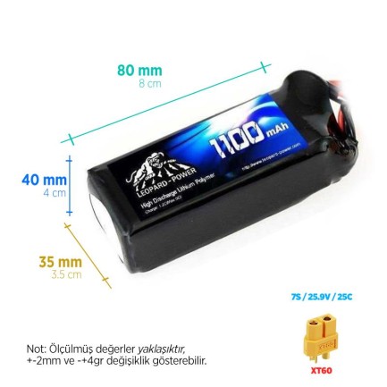 Leopard Power - Leopard Power 1100 mAh 25.9V 7S 25C Lityum Polimer Lipo Batarya Pil T Plug