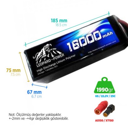 Leopard Power - Leopard Power 16000 mAh 22.2V 6S 25C UAV & Multirotor Lityum Polimer Lipo Batarya Pil XT150 Plug