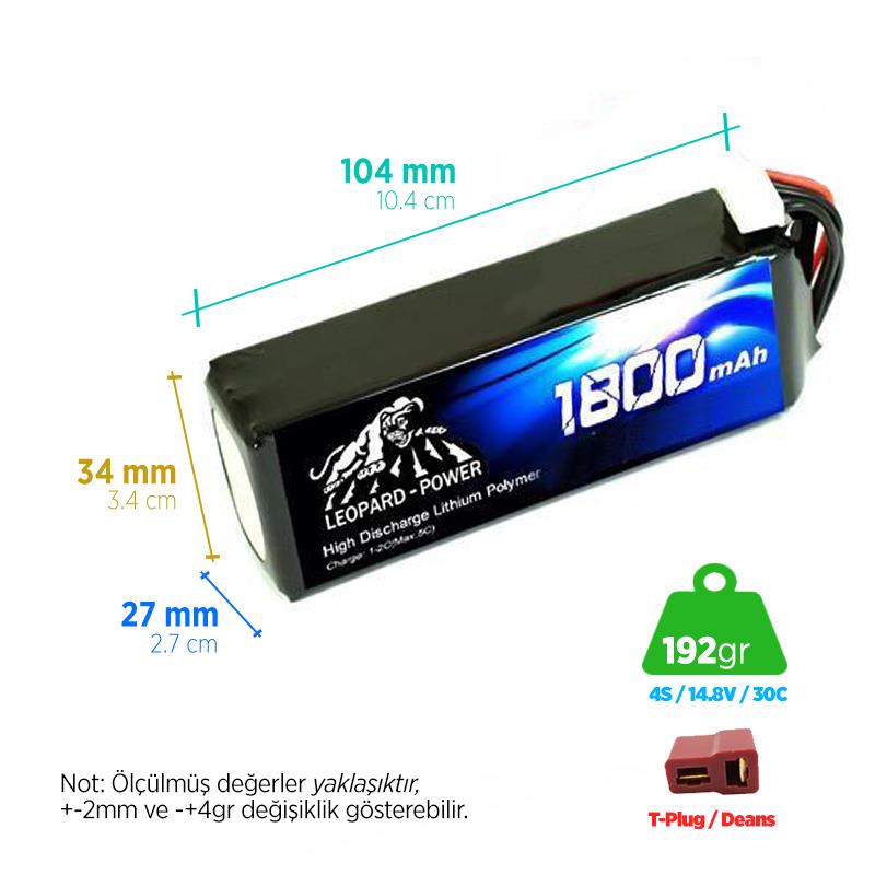 Leopard Power 1800 mAh 14.8V 4S 30C Lityum Polimer Lipo Batarya Pil T Plug