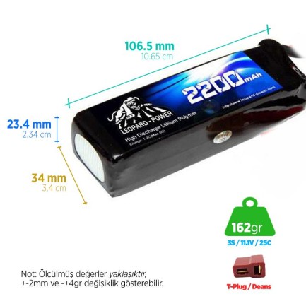 Leopard Power 2200 mAh 11.1V 3S 25C Lityum Polimer Lipo Batarya Pil T Plug - Thumbnail