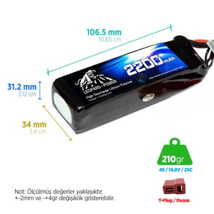 Leopard Power - Leopard Power 2200 mAh 14.8V 4S 25C Lityum Polimer Lipo Batarya Pil T Plug