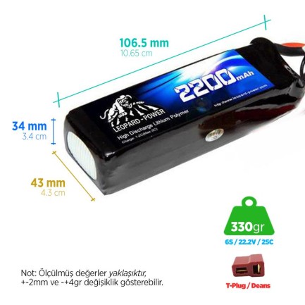 Leopard Power - Leopard Power 2200 mAh 22.2V 6S 25C Lityum Polimer Lipo Batarya Pil T Plug