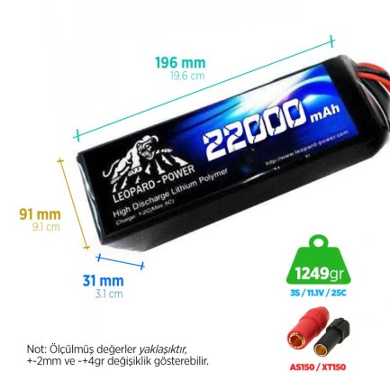 Leopard Power - Leopard Power 22000 mAh 11.1V 3S 25C UAV & Multirotor Lityum Polimer Lipo Batarya Pil