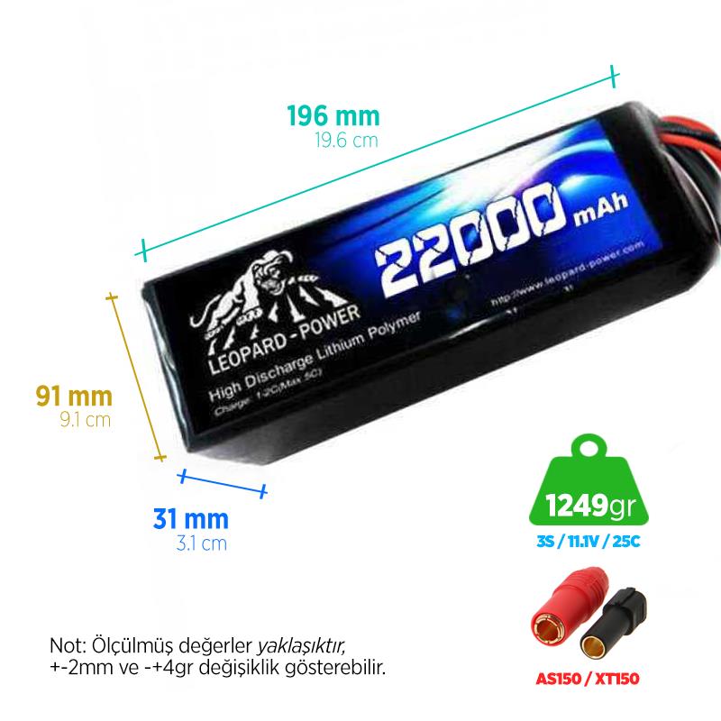 Leopard Power 22000 mAh 11.1V 3S 25C UAV & Multirotor Lityum Polimer Lipo Batarya Pil