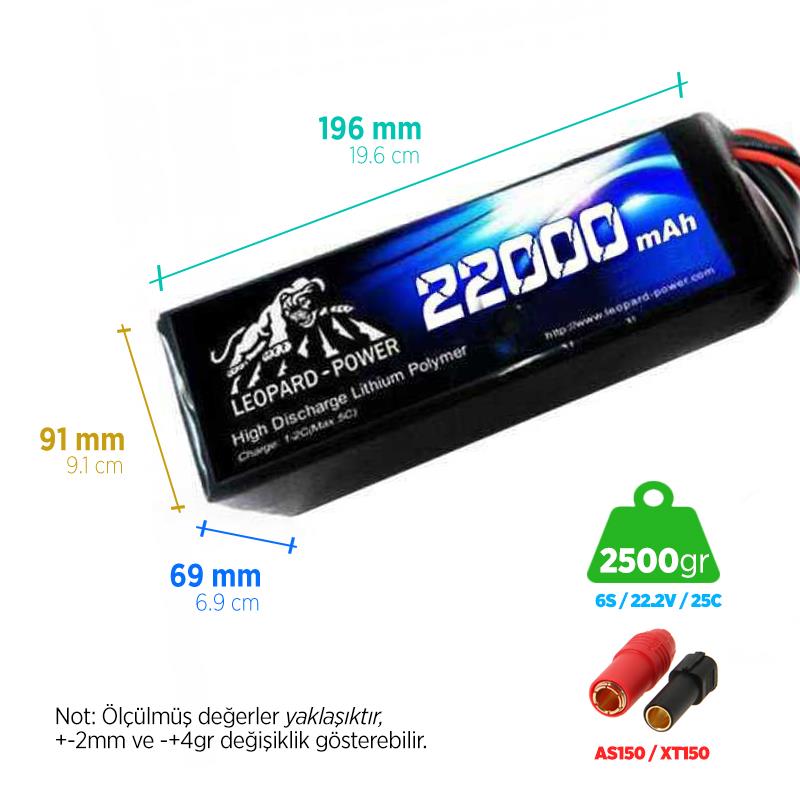 Leopard Power 22000 mAh 22.2V 6S 25C UAV & Multirotor Lityum Polimer Lipo Batarya Pil XT150 Plug