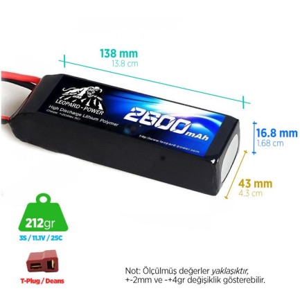 Leopard Power - Leopard Power 2600 mAh 11.1V 3S 25C Lityum Polimer Lipo Batarya Pil T Plug