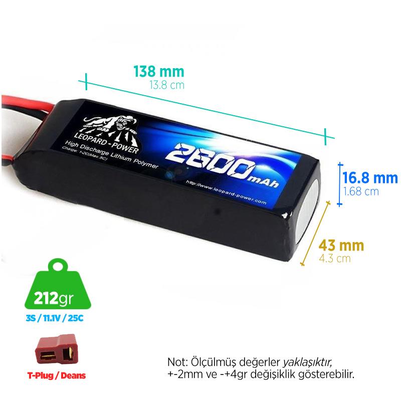 Leopard Power 2600 mAh 11.1V 3S 25C Lityum Polimer Lipo Batarya Pil T Plug