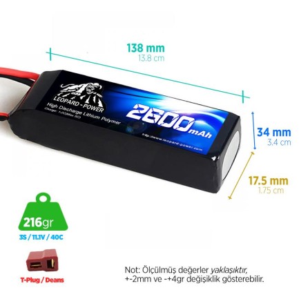 Leopard Power - Leopard Power 2600 mAh 11.1V 3S 40C Lityum Polimer Lipo Batarya Pil T Plug