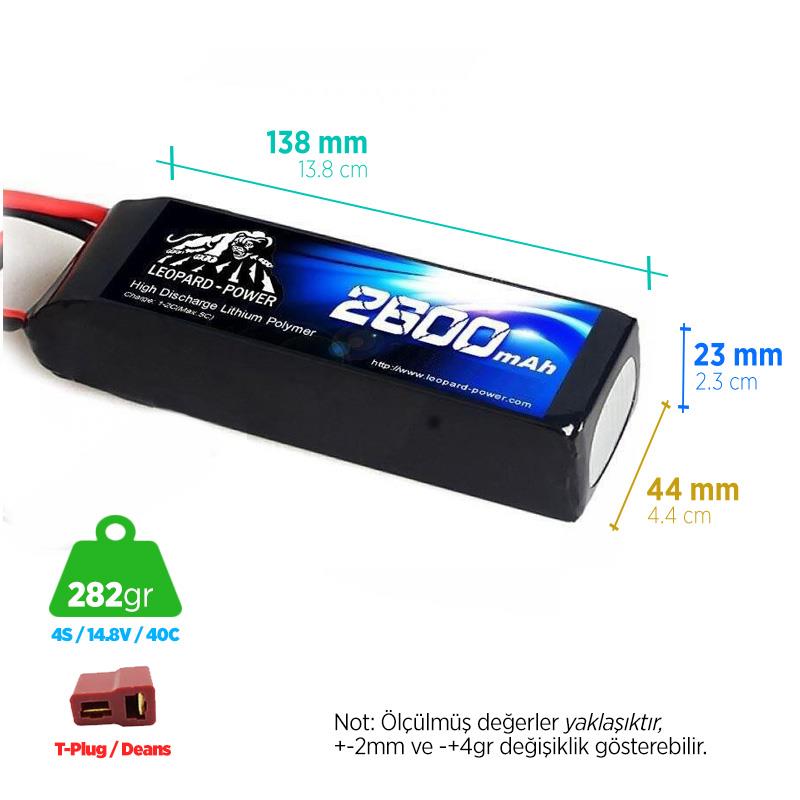 Leopard Power 2600 mAh 14.8V 4S 40C Lityum Polimer Lipo Batarya Pil T Plug