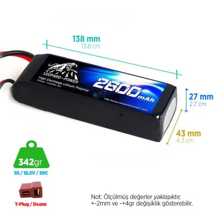 Leopard Power - Leopard Power 2600 mAh 18.5V 5S 30C Lityum Polimer Lipo Batarya Pil T Plug