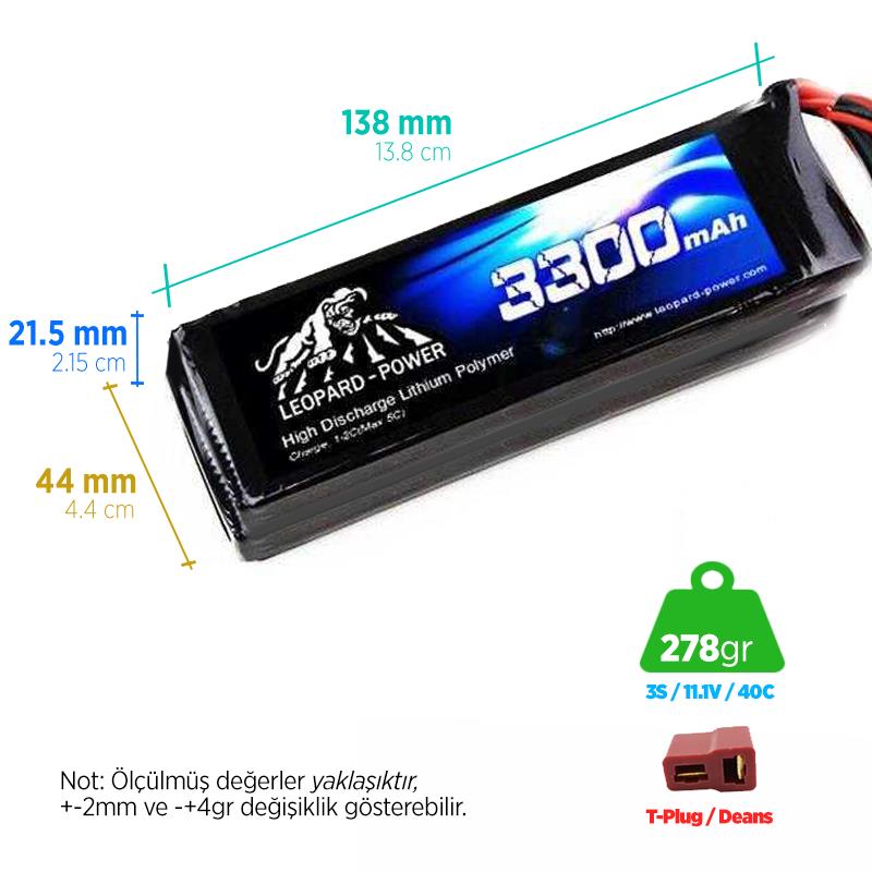 Leopard Power 3300 mAh 11.1V 3S 40C Lityum Polimer Lipo Batarya Pil T Plug