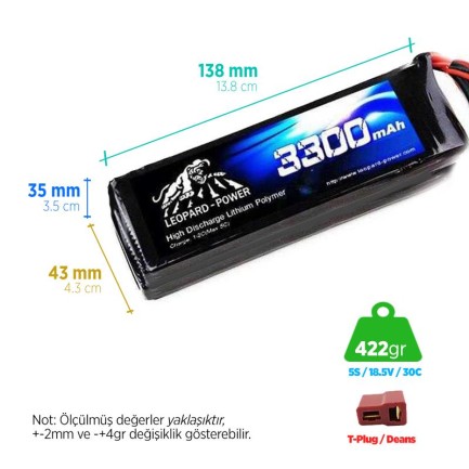 Leopard Power - Leopard Power 3300 mAh 18.5V 5S 30C Lityum Polimer Lipo Batarya Pil T Plug