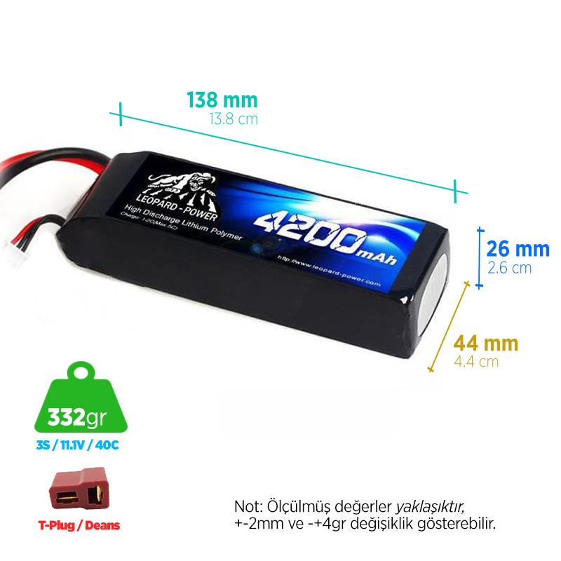 Leopard Power 4200 mAh 11.1V 3S 40C Lityum Polimer Lipo Batarya Pil T Plug