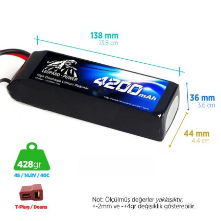 Leopard Power - Leopard Power 4200 mAh 14.8V 4S 40C Lityum Polimer Lipo Batarya Pil T Plug