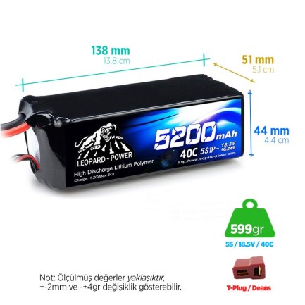 Leopard Power - Leopard Power 5200 mAh 18.5V 5S 40C Lityum Polimer Lipo Batarya Pil T Plug