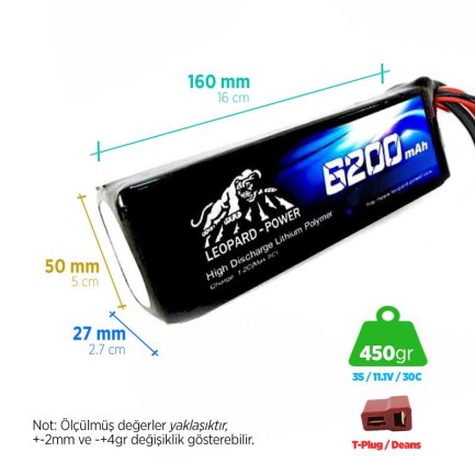 Leopard Power - Leopard Power 6200 mAh 11.1V 3S 30C Lityum Polimer Lipo Batarya Pil T Plug