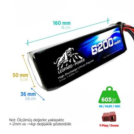 Leopard Power - Leopard Power 6200 mAh 14.8V 4S 40C Lityum Polimer Lipo Batarya Pil T Plug