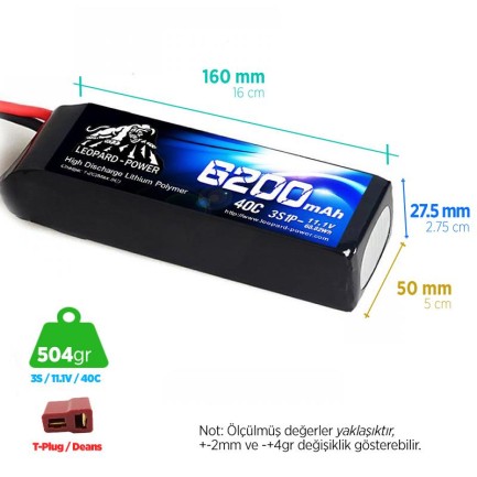 Leopard Power - Leopard Power 6200 mah 11.1v 3S 40C Lityum Polimer Lipo Batarya Pil T Plug