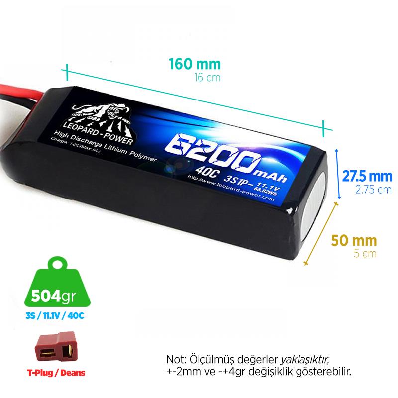 Leopard Power 6200 mah 11.1v 3S 40C Lityum Polimer Lipo Batarya Pil T Plug