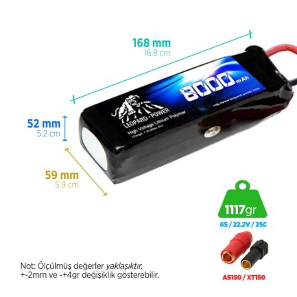 Leopard Power - Leopard Power 8000 mAh 22.2V 6S 25C UAV & Multirotor Lityum Polimer Lipo Batarya Pil XT150 Plug