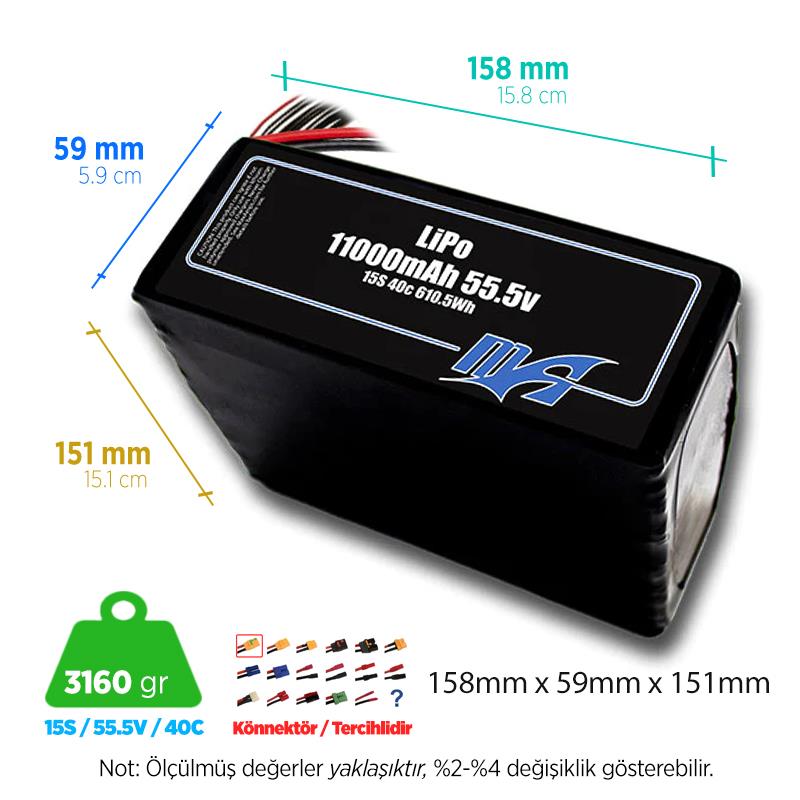 MaxAmps 11000 mAh 15S 40C 55.5v Lityum Polimer LiPo Batarya Pil