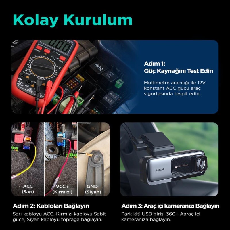 360+ Botslab Araç İçi Kamera Park Modu Akü Bağlantı Kablosu G980H/G500H/G300H/HK30 (24 Saat Kayıt)