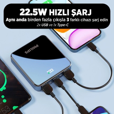 Philips 22.5W PD 4 Portlu 10000 mAh LED Göstergeli Taşınabilir Hızlı Şarj Cihazı Powerbank - Thumbnail