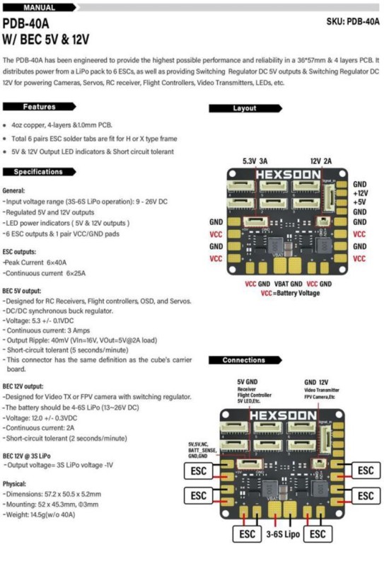 Pixhawk HEXSOON Power Distribution Board PDB-40A W/ BEC 5V & 12V HS011