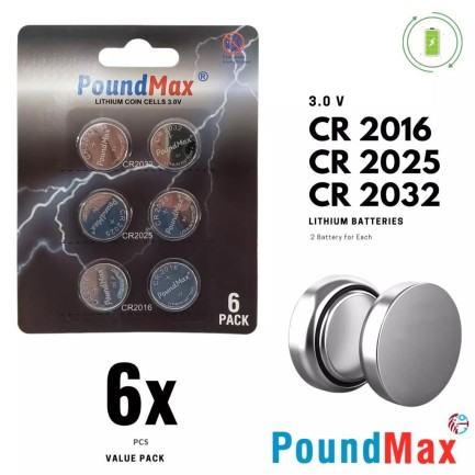 PoundMax - PoundMax Süper Karışık CR2032 CR2025 CR2016 3 V Lityum Düğme Pil (6'lı Paket)