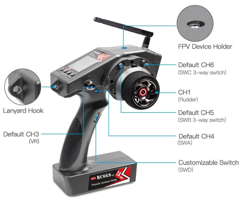 Radiolink RC6GS V2 2.4Ghz Uzaktan Kumanda Radio Kontrol & R7FG Alıcı & Bileklik Aparatı ( 600 Metre Kontrol Mesafesi )