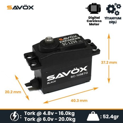 Savox SC1256TG-BE Black Edition Digital Servo Coreless Motor High Voltage Titanium Dişli - Thumbnail