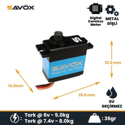 Savox SW1250MG Premium Mini Micro Digital Servo Coreless Motor High Voltage Su Geçirmez Metal Dişli - Thumbnail