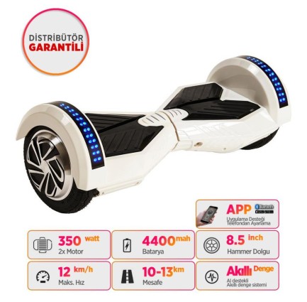 Smart Balance - Smart Balance CS-813 Elektrikli Kaykay Hoverboard Scooter Self Balancing 8.5 Inch Ledli Uzay Kasa Bluetooth Beyaz - Taşıma Çantası Hediye