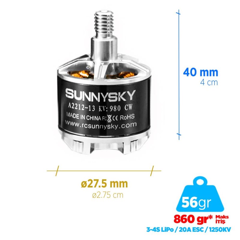 SunnySky A2212 1250KV Brushless Fırçasız Motor Multikopter Multirotor Drone Motoru CCW (Saat Yönü Tersi) - 1 Adet