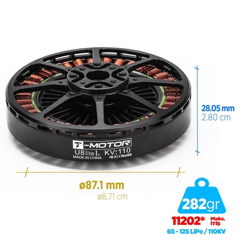 T-Motor U Power Type U8 Lite L 110KV Brushless Fırçasız UAV Motor Multikopter Multi-rotor Quadcopter Hexacopter Drone Motoru