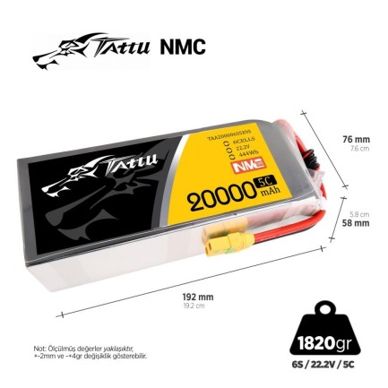 TATTU - Tattu 20000mAh 22.2V 6S NMC Semi-Solid State Lityum Polimer Li-Po Lipo Batarya Drone Pil