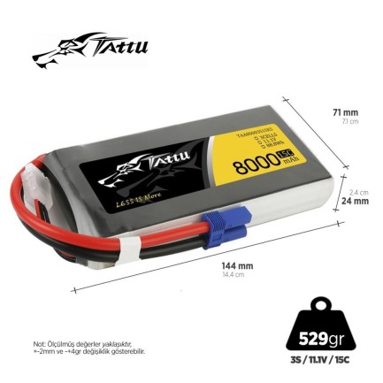 TATTU - Tattu 3S 8000mAh 11.1V 15C Lityum Polimer Li-Po Lipo Batarya Drone Pil