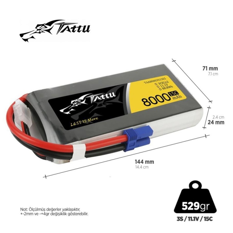 Tattu 3S 8000mAh 11.1V 15C Lityum Polimer Li-Po Lipo Batarya Drone Pil