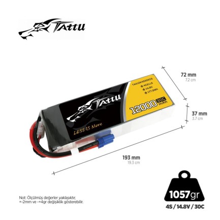 TATTU - Tattu 4S 12000mAh 14.8V 30C Lityum Polimer Li-Po Lipo Batarya Drone Pil