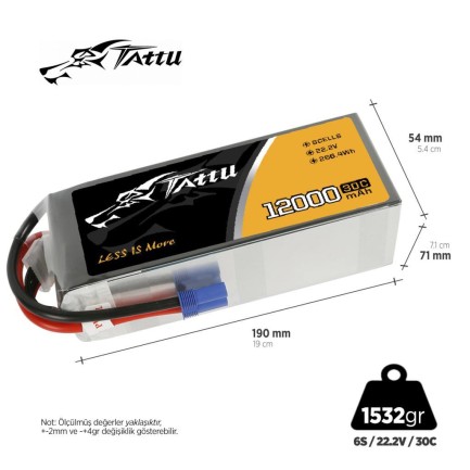 TATTU - Tattu G-Tech 30C 6S 12000mAh 22.2V Lityum Polimer Li-Po Lipo Batarya Drone Pil