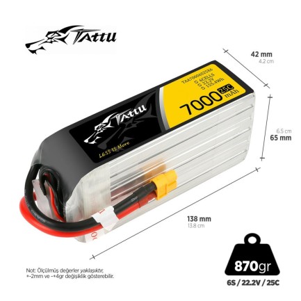 TATTU - Tattu G-Tech 6S 7000mAh 22.2V 25C Lityum Polimer Li-Po Lipo Batarya Drone Pil