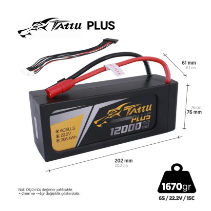 TATTU - Tattu Plus 6S 12000mAh 22.2V 15C Lityum Polimer Li-Po Lipo Smart Batarya Drone Pil