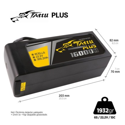 TATTU - Tattu Plus 6S 16000mAh 22.2V 15C Lityum Polimer Li-Po Lipo Smart Batarya Drone Pil